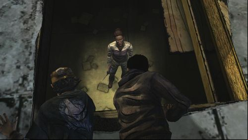 Choosing the person, who should go down for the walkie is interrupted by Christa - she will just jump down - Chapter 4: Above River Street | Episode V: No Time Left - Episode V: No Time Left - The Walking Dead Game Guide
