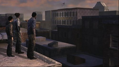 The three characters will find themselves at the rooftop near The Marsh House, a hotel where Clementine is probably being kept in - Chapter 5: Going Alone | Episode V: No Time Left - Episode V: No Time Left - The Walking Dead Game Guide