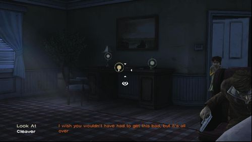 You can point at any of objects on the chest of drawers - the girl will take it (Look At: Empty Bottle, Look At: Lamp, if your weapon is there - Look At: Cleaver) - Chapter 6: The Stranger | Episode V: No Time Left - Episode V: No Time Left - The Walking Dead Game Guide
