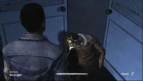 If you have choked Stranger, youll face one more choice (irrelevant for the plot) - you can shoot Stranger or leave him to turn into zombie - Chapter 6: The Stranger | Episode V: No Time Left - Episode V: No Time Left - The Walking Dead Game Guide