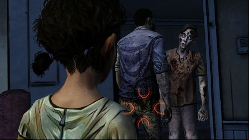 Whats interesting, zombie ignores Lee and tries to attack Clementine - Chapter 6: The Stranger | Episode V: No Time Left - Episode V: No Time Left - The Walking Dead Game Guide