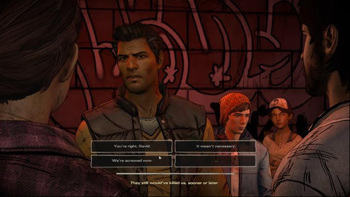 Chapter begins with an argument between David and the rest of the party - Chapter 2 - Promises and Lies | Episode 5 - Episode 5: From the Gallows - The Walking Dead: The Telltale Series - A New Frontier Game Guide
