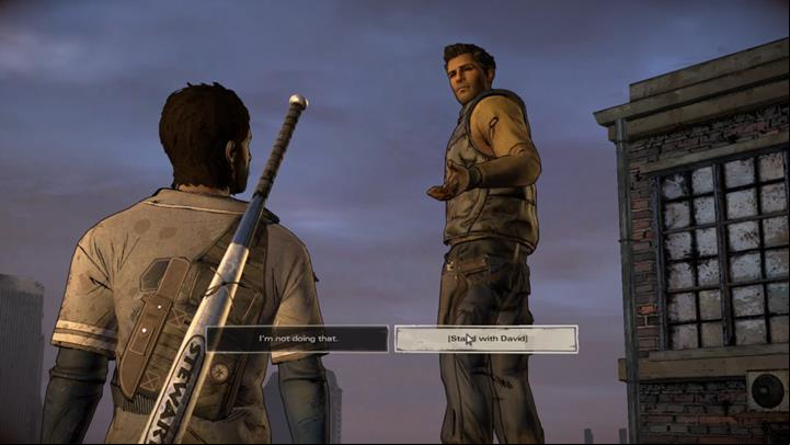 Javier follows David to the roof, provoking a long Dialogue between the brothers - Chapter 3 - Family Values | Episode 5 - Episode 5: From the Gallows - The Walking Dead: The Telltale Series - A New Frontier Game Guide