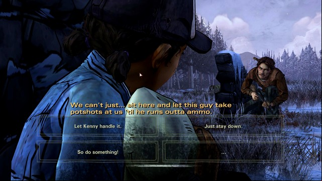 Clementine and Luke during the attack - Chapter 1 - Firefight | Episode 5: No Going Back - Episode 5: No Going Back - The Walking Dead: Season Two Game Guide