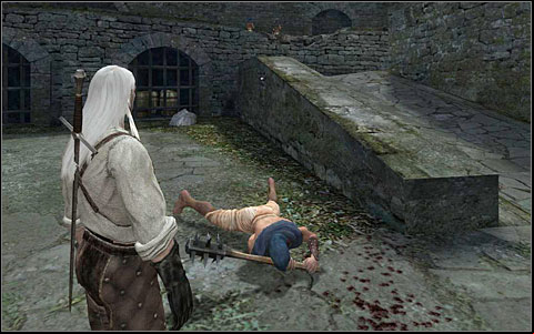 At the end of a cut-scene Vesemir will tell you to open the gate (M1 - Kaer Morhen Courtyard - part 1 | Walkthrough - Prologue - The Witcher Game Guide & Walkthrough