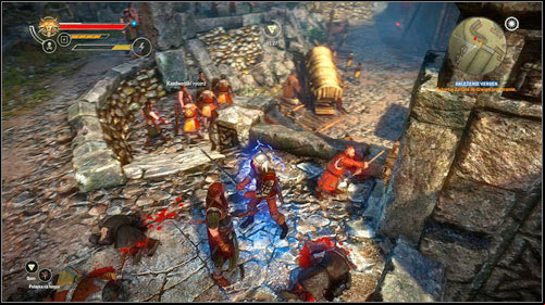 The last stage of the mission will be escorting Zoltan to the lever (M15, 28), using which he can close the gate - Vergen Besieged | Iorweth - Main missions - The Witcher 2 Assassins of Kings Guide