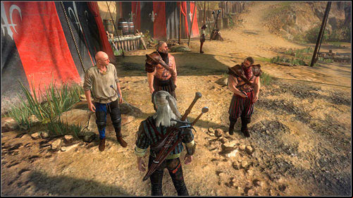Inside the camp you will come across a group of three men, which you unfortunately wont be able to recognise because of the memory loss - Meliteles Heart | Prologue side missions - Side missions - The Witcher 2 Assassins of Kings Guide