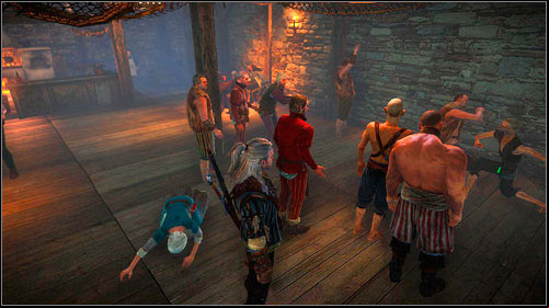 Its quite impossible to miss and not hear the fighting men in the lower part of the tavern (the large gathering of people also speaks for itself) - One on One: Flotsam - Side missions - The Witcher 2 Assassins of Kings Guide