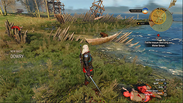 The place where you find the corpse and the treasure (its not far from the body) - The Witcher 3 Wild Hunt: Treasure hunt, Inn by the Crossroads - walkthrough - Inn by the Crossroads - The Witcher 3 Wild Hunt Guide