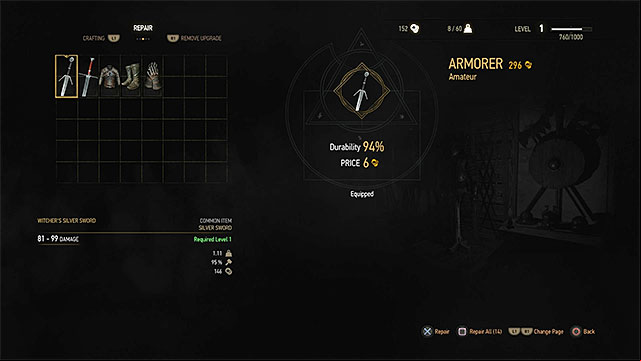 Weapons and armor parts can be repaired by your own or you can pay someone to do it for you - The Witcher 3 Wild Hunt: Inventory - capacity limit, repairing weapons - Equipment management - The Witcher 3 Wild Hunt Guide