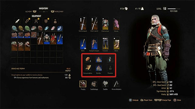In the active slots you can place food and potions, bombs and special items - The Witcher 3 Wild Hunt: Inventory - capacity limit, repairing weapons - Equipment management - The Witcher 3 Wild Hunt Guide