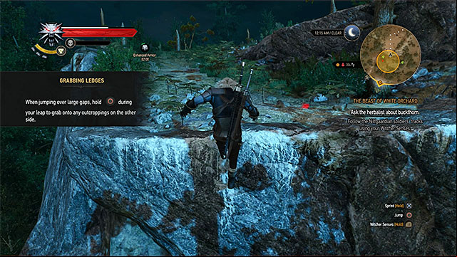 During the journey to griffin nest you must climb on the higher ledge and jump to a nearby one - The Witcher 3 Wild Hunt: The Beast of White Orchard - walkthrough - Prologue and White Orchard - The Witcher 3 Wild Hunt Guide