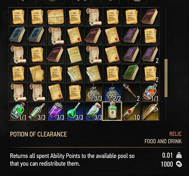 After finalizing the transaction you must open the inventory, pick its second tab and find the Potion of Clearance (picture above) - The Witcher 3 Wild Hunt: Resetting Skills - Character development - The Witcher 3 Wild Hunt Guide