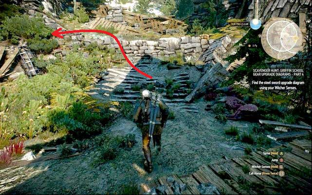 After entering the village from the west you shall see a wall with a white painting on it - The Witcher 3 Wild Hunt: Mastercrafted Griffin School Gear - Griffin School Gear - The Witcher 3 Wild Hunt Guide