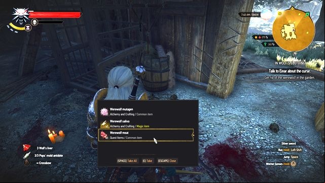 Dont forget about taking the werewolf meat from the body of defeated enemy. - The Witcher 3 Wild Hunt: Side quests in Hindarsfjall - list, walkthrough - Hindarsfjall - The Witcher 3 Wild Hunt Guide
