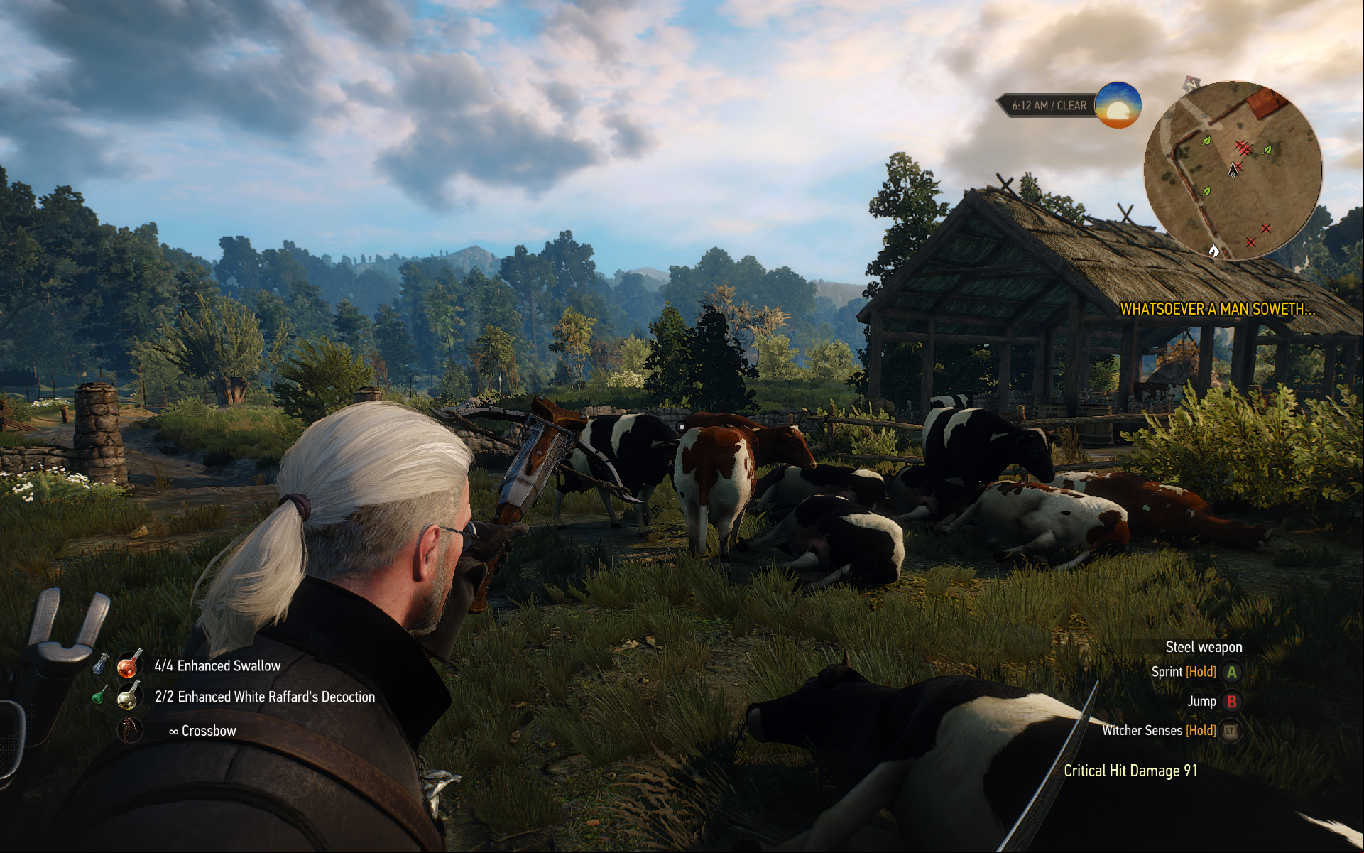You can kill the cows that are trying to escape with crossbow - Hearts of Stone - Achievements / Trophies - New Content in The Witcher 3: Hearts of Stone Expansion - The Witcher 3 Wild Hunt Guide
