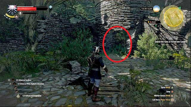 In the southern part of the ruins you will find a tower with stairs that lead down - A Dark Legacy - Treasure hunts - The Witcher 3 Wild Hunt Guide