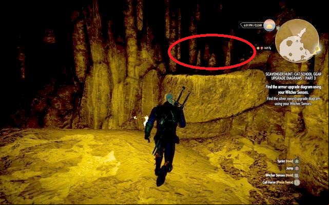 Take care of a rock to the right from the entrance, where some destructible stalagmites can be found - The Witcher 3 Wild Hunt: Superior Cat School Gear - Cat School Gear - The Witcher 3 Wild Hunt Guide