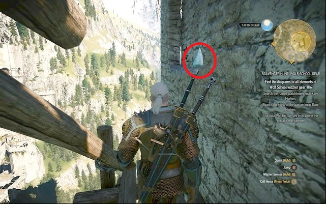 Exit the tower and jump on the wall to the north where a wooden staging is placed - The Witcher 3 Wild Hunt: Basic Wolf School Gear - Wolf School Gear (DLC) - The Witcher 3 Wild Hunt Guide