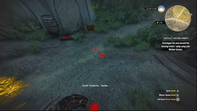 Footprints in the miners camp - The Witcher 3 Wild Hunt: Contract, Missing Miners - walkthrough - Free DLC - The Witcher 3 Wild Hunt Guide