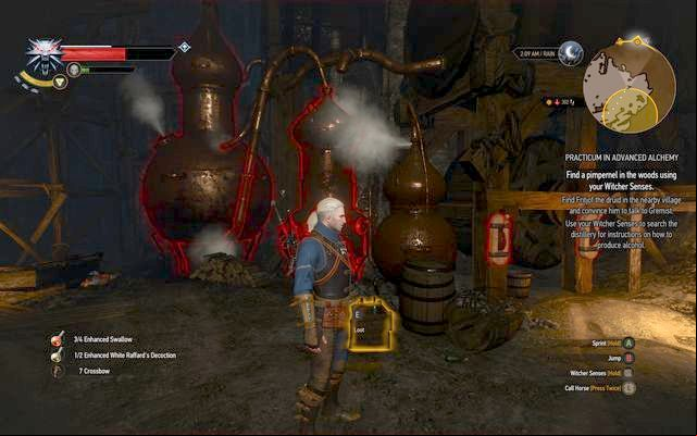Distilling apparatus, the mash can be found on the left side, on the scaffolding - The Witcher 3 Wild Hunt: Practicum in Advanced Alchemy - walkthrough - Kaer Trolde - The Witcher 3 Wild Hunt Guide