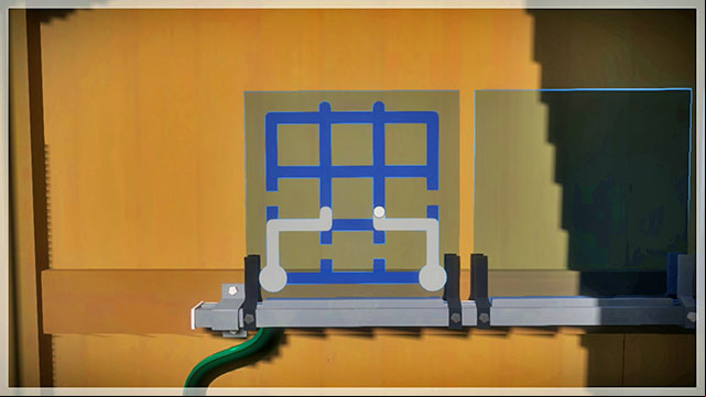 Inside, you find three sets of puzzles connected with a cable - Walkthrough | Waterside workshop in The Witness - Waterside workshop - The Witness Game Guide & Walkthrough