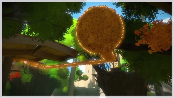 This riddle can be seen from the window of the house to which the green platform is leading - Collectibles | Tree house in The Witness - Tree house - The Witness Game Guide & Walkthrough