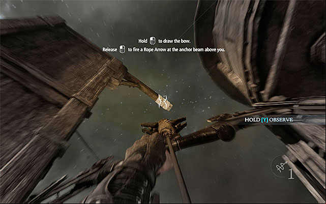 The wooden beam that you need to fire a rope arrow at - The beginning - Prologue: The Drop - Thief - Game Guide and Walkthrough