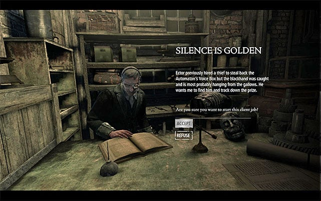 The mission acceptance window - Silence is Golden - Client Jobs - Ector - Thief - Game Guide and Walkthrough