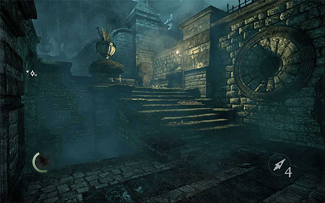 It is much safer to take the stairs on the right - Explore the gardens in the Barons estate - description - Chapter 6: A Man Apart - Thief - Game Guide and Walkthrough