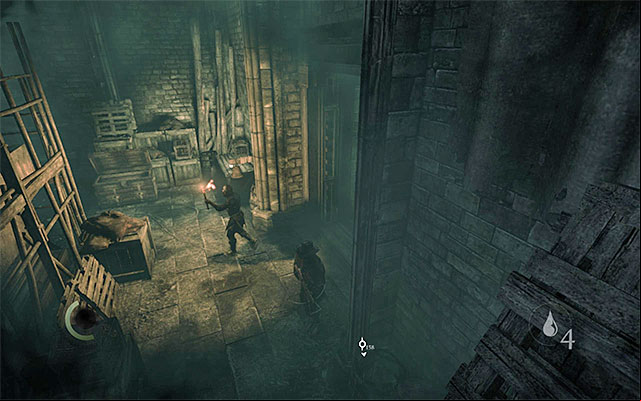 Climb onto one of the ledges higher above and wait for the enemies to go past Garrett - Reach the main hall of the cathedral - Chapter 7: The Hidden City - Thief - Game Guide and Walkthrough