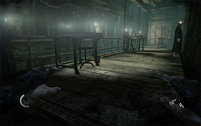 The solution to the problem of disadvantageous deployment of the enemy forces is to approach the opponents from North-West (the above screenshot) while making use of the beams located high above, that Garrett can reach using the claw - Exploration of the second part of the foundry - Chapter 2: Dust to Dust - Thief - Game Guide and Walkthrough