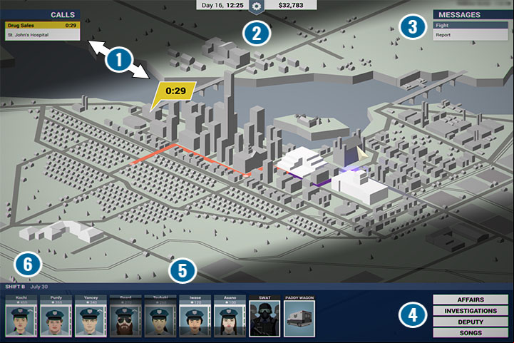 Before you there is the map of the city of Freeburg where you will spend most of your time - Interface - General advices - This is the Police Game Guide