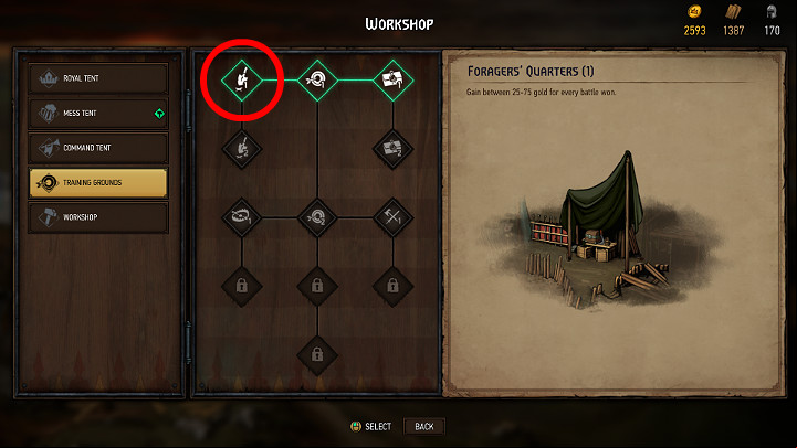 Try to quickly expand your training ground with an additional option, which will allow you to get up to 75 gold for every fight you win - Resources in Thronebreaker The Witcher Tales - General Advice - Thronebreaker The Witcher Tales Guide