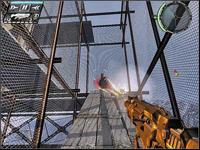 Once you've reached the opposite end of the platform, you will have to destroy a rope which holds a small bridge - Point of Impact III - Walkthrough - Timeshift - Game Guide and Walkthrough