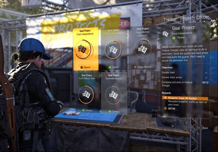 The project screen enables you to quickly get acquainted with the requirements and the rewards coming from Projects. - Projects | The Base of Operations in The Division 2 - The Base of Operations and Settlements - The Division 2 Guide