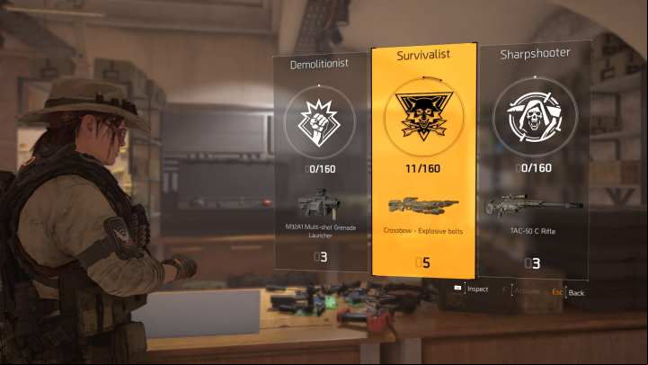 There are 3 specializations available at the launch of the game - Demolitionist, Sharpshooter and Survivalist. - Specializations in Division 2 - unlocking, types, development - Specializations - The Division 2 Guide