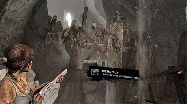 Use the newly acquired weapon straightaway to blast through the barricade (screenshot) (reward: 250 XP) - Find a Way Out | 11: Another Fine Mess Walkthrough - 11: Another Fine Mess | Walkthrough - Tomb Raider Game Guide
