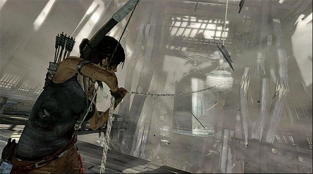 Finally, face the hanging object and shoot a rope arrow to swing it again - Find a Way Out | 11: Another Fine Mess Walkthrough - 11: Another Fine Mess | Walkthrough - Tomb Raider Game Guide