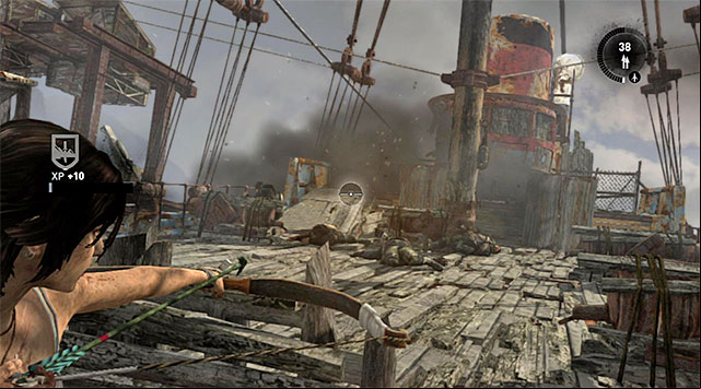 When you run out of ammo, look around for supplies or switch to a pistol or the bow - Travel to the Survivors Camp | 20: The Fast Way Down Walkthrough - 20: The Fast Way Down | Walkthrough - Tomb Raider Game Guide