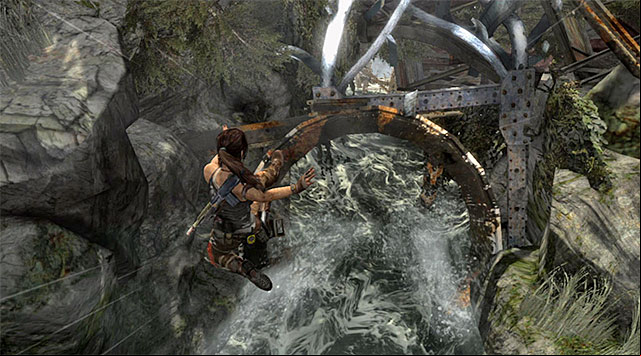 Press the dodge button as soon as Lara finds herself just above the water - Travel to the Survivors Camp | 20: The Fast Way Down Walkthrough - 20: The Fast Way Down | Walkthrough - Tomb Raider Game Guide