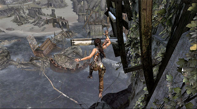 Once Lara pulls up a new ledge, leap over to a single beam that juts out of the lighthouse - Reach the Endurance Wreck (part 1) | 22: Gone Missing Walkthrough - 22: Gone Missing | Walkthrough - Tomb Raider Game Guide