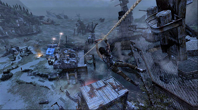 After Lara lands on the new ledge, approach the next line and grab it to slide down to survivors camp (reward: 100 XP) - Return to the Survivor Camp on the Beach | 23: Storm Chaser Walkthrough - 23: Storm Chaser | Walkthrough - Tomb Raider Game Guide