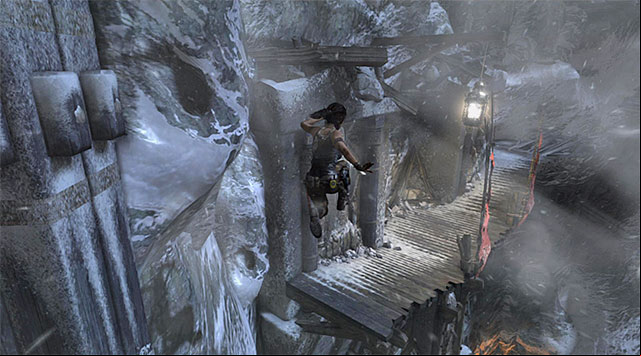 Go to the end of the wooden beam, turn left and jump towards the small platform visible in a distance - Rescue Sam from Mathias (part 2) | 24: Going Back In Walkthrough - 24: Going Back In | Walkthrough - Tomb Raider Game Guide