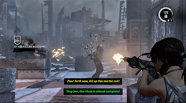 The schema of actions is in this case similar to previous fights, so take cover behind low walls and try to eliminate enemies with headshot to save ammo - Rescue Sam from Mathias (part 2) | 24: Going Back In Walkthrough - 24: Going Back In | Walkthrough - Tomb Raider Game Guide