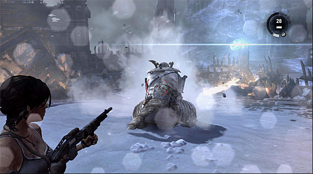 Do not try to blindly shoot at your opponent, because he is heavily armored - End the Storms by Stopping the Ascension Ritual | 24: Going Back In Walkthrough - 24: Going Back In | Walkthrough - Tomb Raider Game Guide