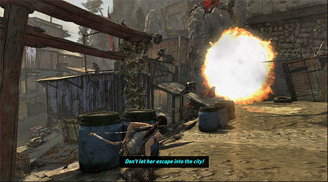 Same as before, keep looking over your shoulders since many enemies will be attempting to flank you - Reach the Gate Under the Bridge | 14: Highway to Hell Walkthrough - 14: Highway to Hell | Walkthrough - Tomb Raider Game Guide