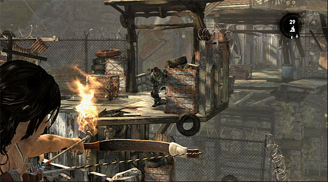 Youll have to fight the rest of the battle the usual way, but keep in mind that one guard will have fire arrows too - Find Your Way to Grim | 15: Liberator Walkthrough - 15: Liberator | Walkthrough - Tomb Raider Game Guide