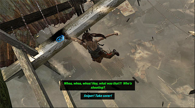 Leap over to the interactive ledges, pressing the action button if needed - Find a Way into the Solarii Stronghold | 16: No One Left Behind Walkthrough - 16: No One Left Behind | Walkthrough - Tomb Raider Game Guide