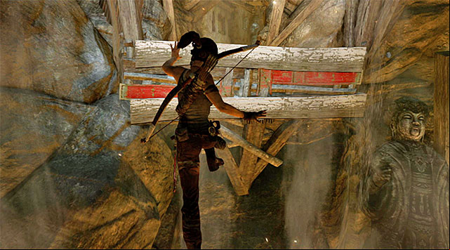 There are to more leaps to perform - the first with the intention of grabbing onto the hanging platform, the second to reach the safe ledge outlined in the distance - Escape the Cavern | 16: No One Left Behind Walkthrough - 16: No One Left Behind | Walkthrough - Tomb Raider Game Guide